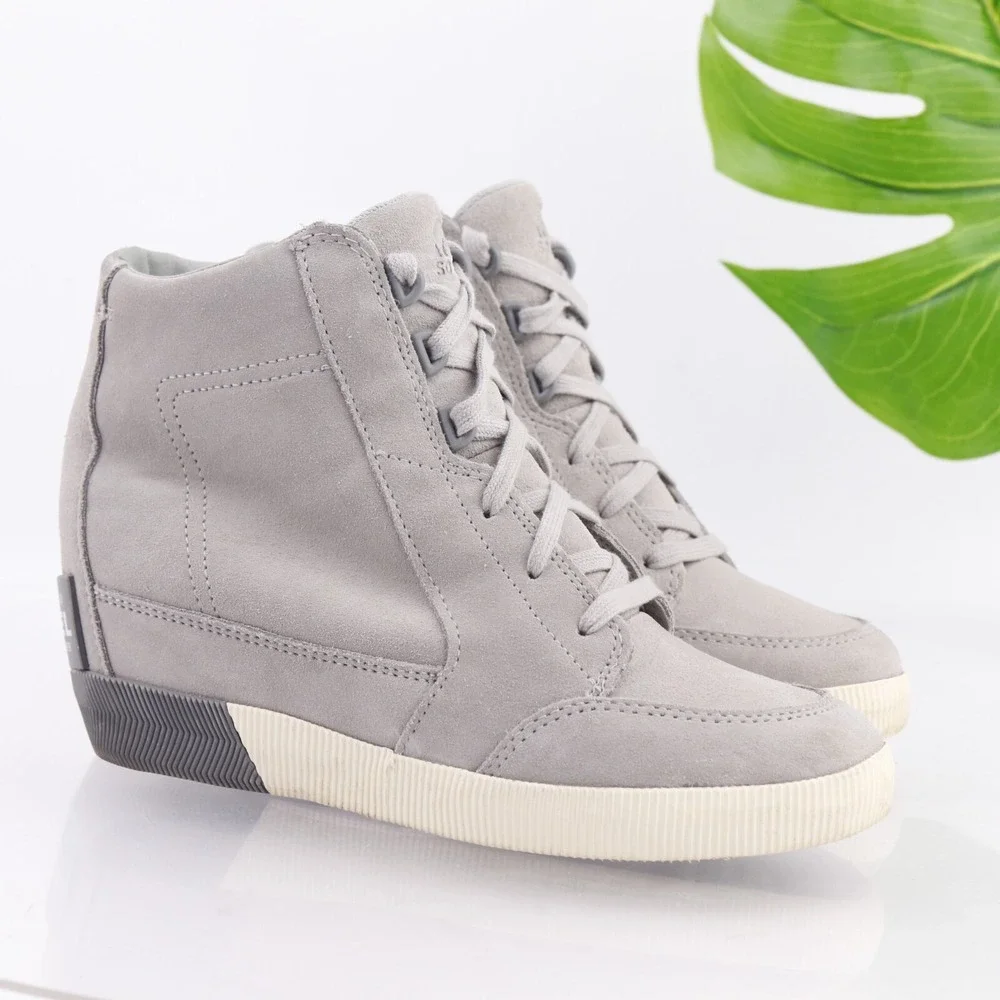 Sorel Womens Out N About Boots Size 8.5 Waterproof Gray Suede Wedge Heel Lace Up